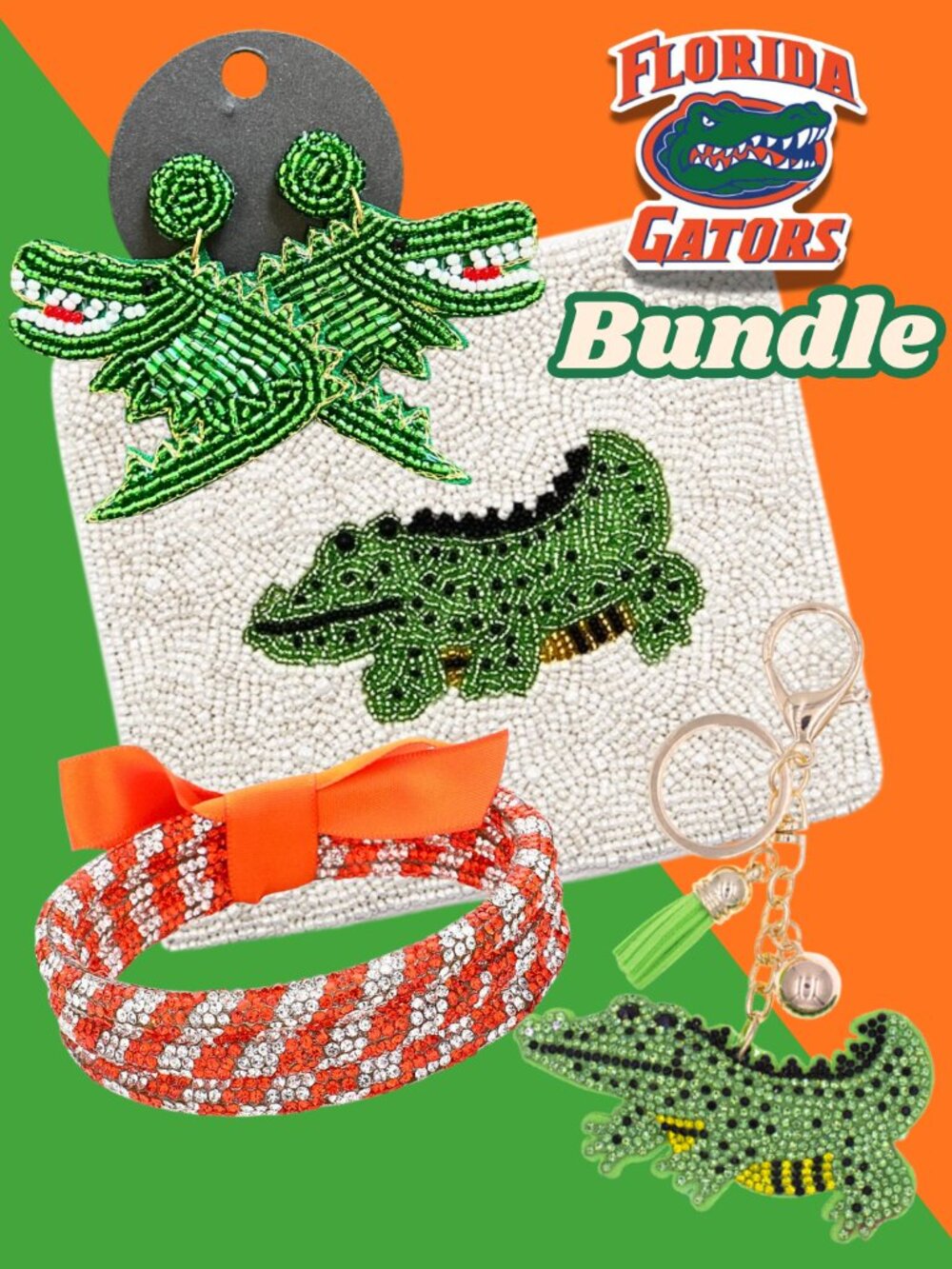 FLORIDA GATORS Bundle Orange Green Team Colors Pouch - Earrings - Bracelets Keys